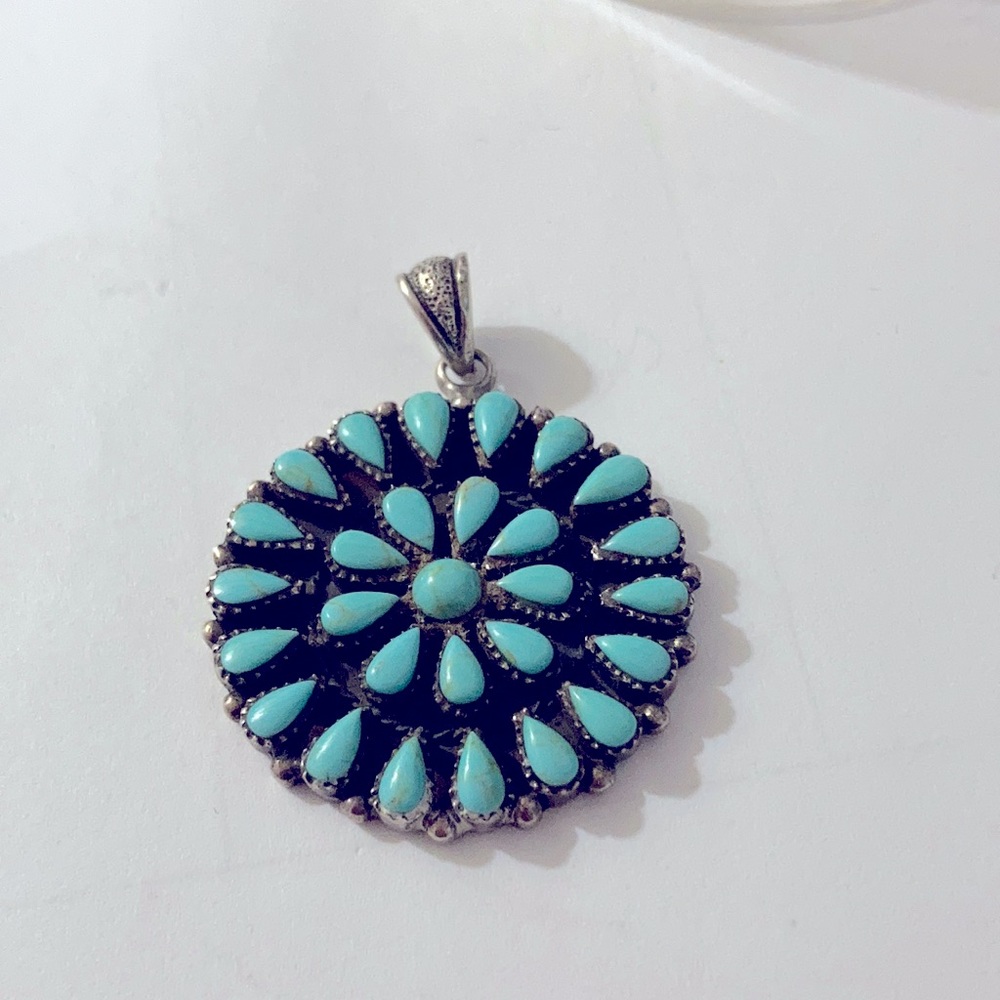 Large petit point silver Native American turquoise pendant